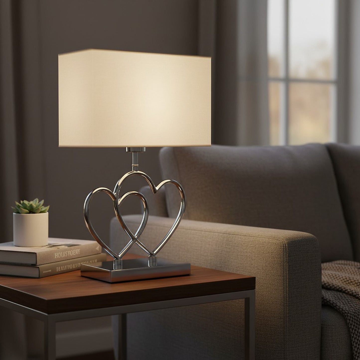 Arnusa Tischleuchte TLC014 mit Doppel Herz Metallfuß in Chromoptik & weißem Stoffschirm – 43 cm Tischlampe mit E27 Fassung, rechteckig, Nachttischlampe Wohnzimmer Schlafzimmer