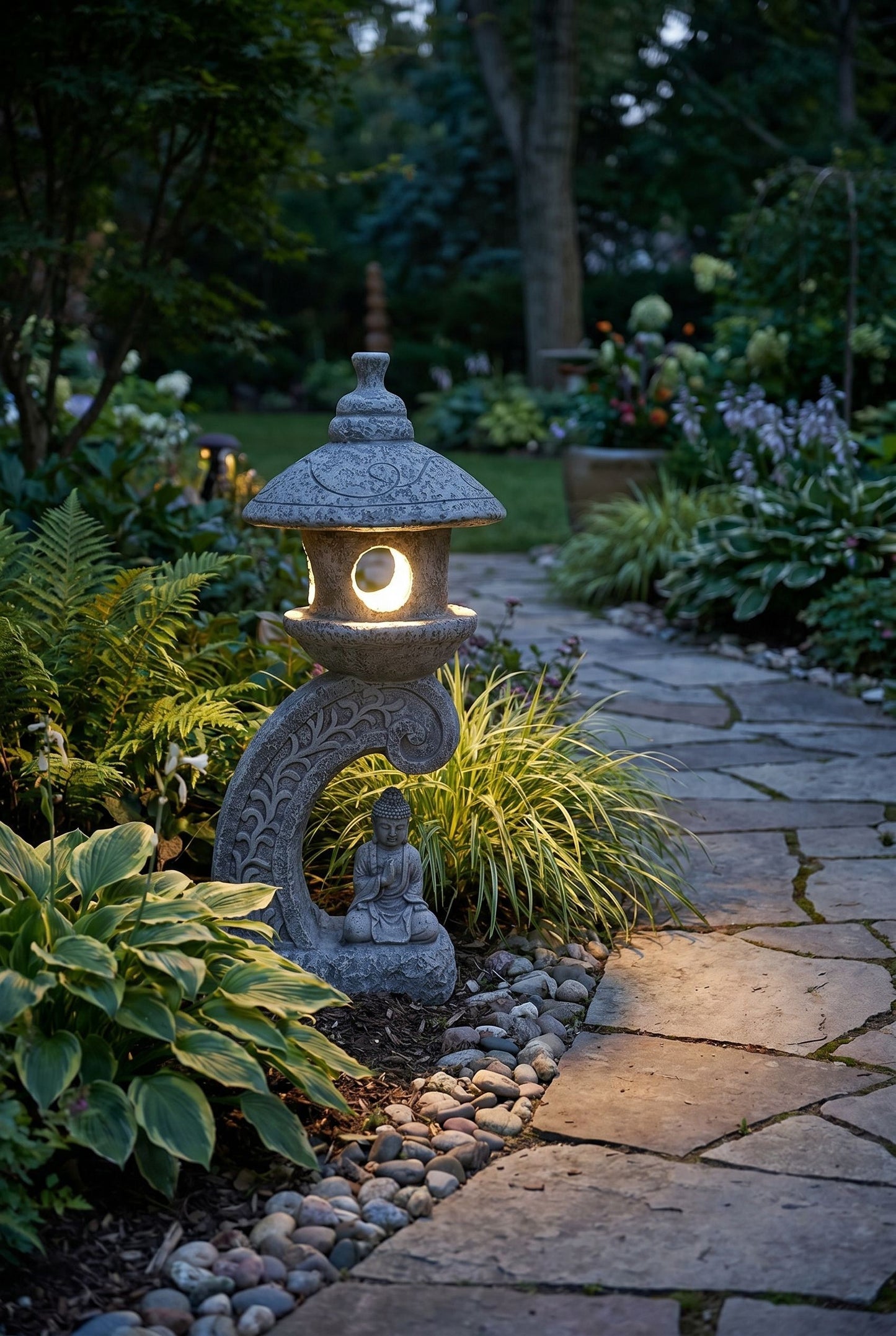 Solar Gartenleuchte Pagode 60 cm – LED Gartenlampe in Steinoptik mit Buddha – warmweiß – Solar Laterne für Garten, Terrasse & Teich