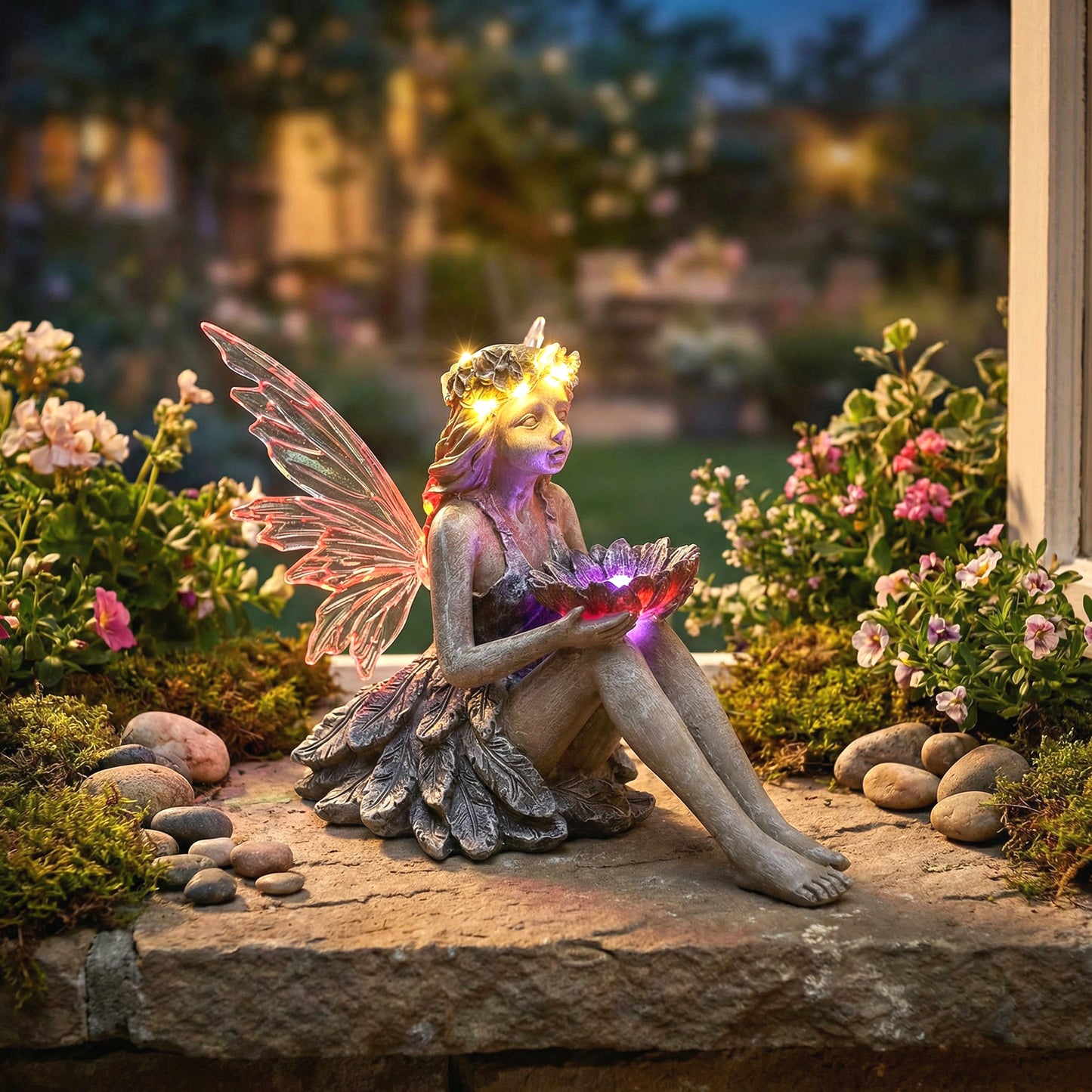 Solar Gartenfigur mit LED Beleuchtung Fee TF403 Dekorative Gartendeko in Betonoptik Wetterfeste Solarleuchte für Garten, Terrasse und Balkon
