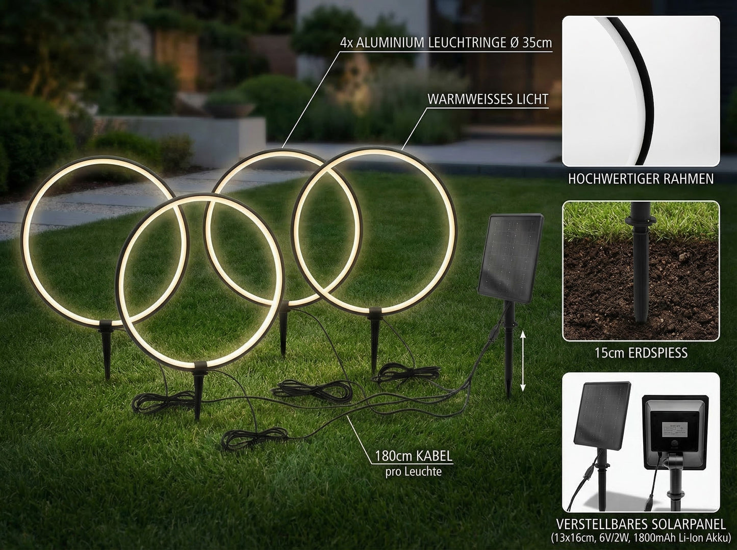 Solar Gartenleuchten LED Solar Gartenstecker modern, Solarleuchte Garten Leuchtringe Design warmweiß, Aluminium