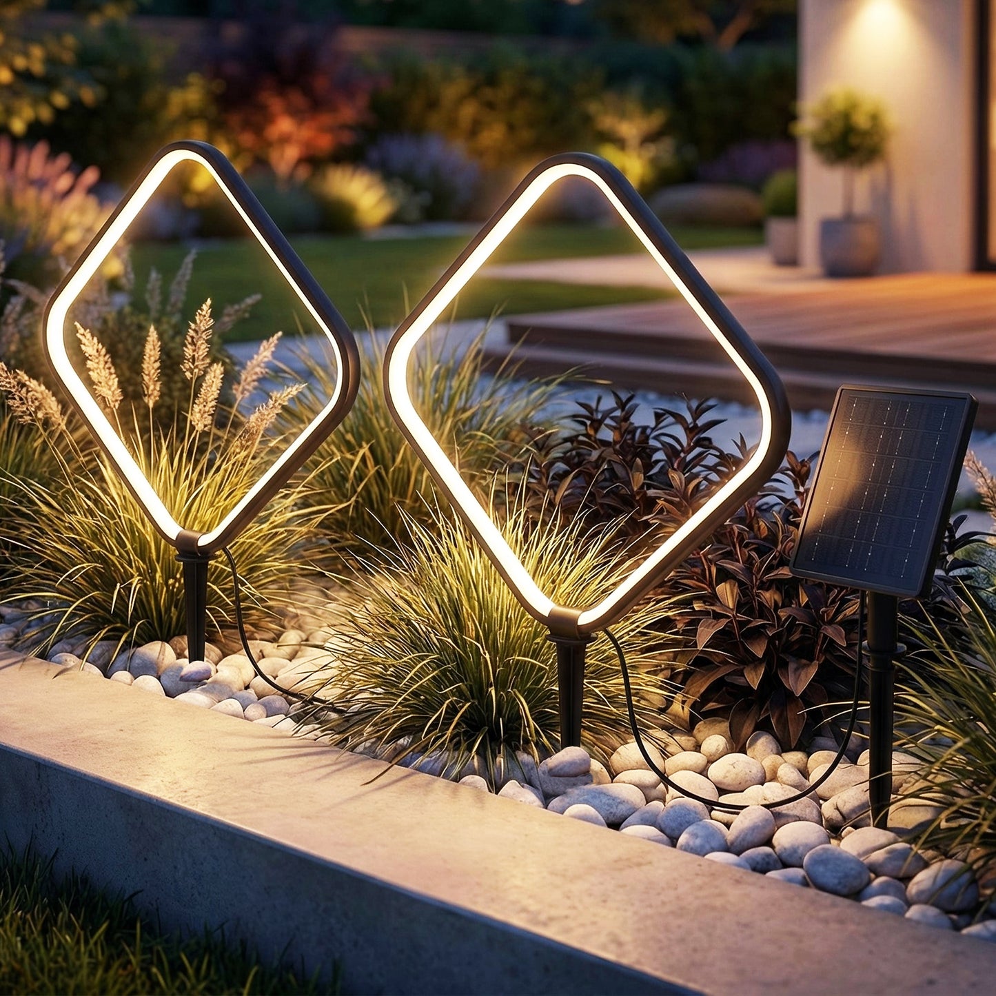 Solar Gartenleuchten 2er Set – LED Solar Gartenstecker modern, Solarleuchte Garten Rauten Design warmweiß, Aluminium