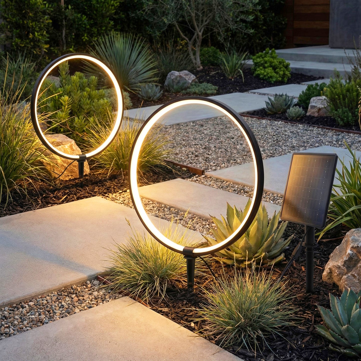 Solar Gartenleuchten LED Solar Gartenstecker modern, Solarleuchte Garten Leuchtringe Design warmweiß, Aluminium