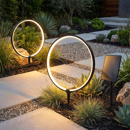 Solar Gartenleuchten LED Solar Gartenstecker modern, Solarleuchte Garten Leuchtringe Design warmweiß, Aluminium