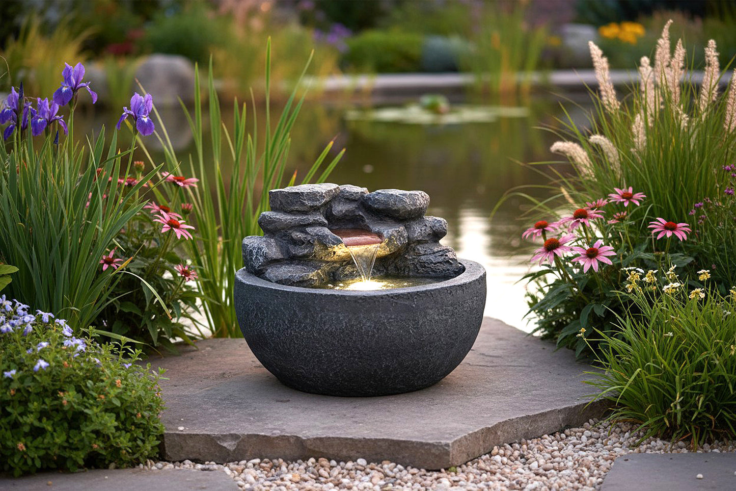 Runder Gartenbrunnen & Zimmerbrunnen TP3004 Ø42 cm – Kompakter Wasserfallbrunnen in Steinoptik mit warmweißer LED