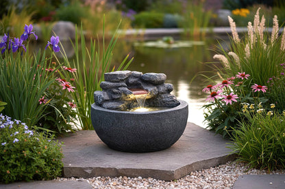 Runder Gartenbrunnen & Zimmerbrunnen TP3004 Ø42 cm – Kompakter Wasserfallbrunnen in Steinoptik mit warmweißer LED