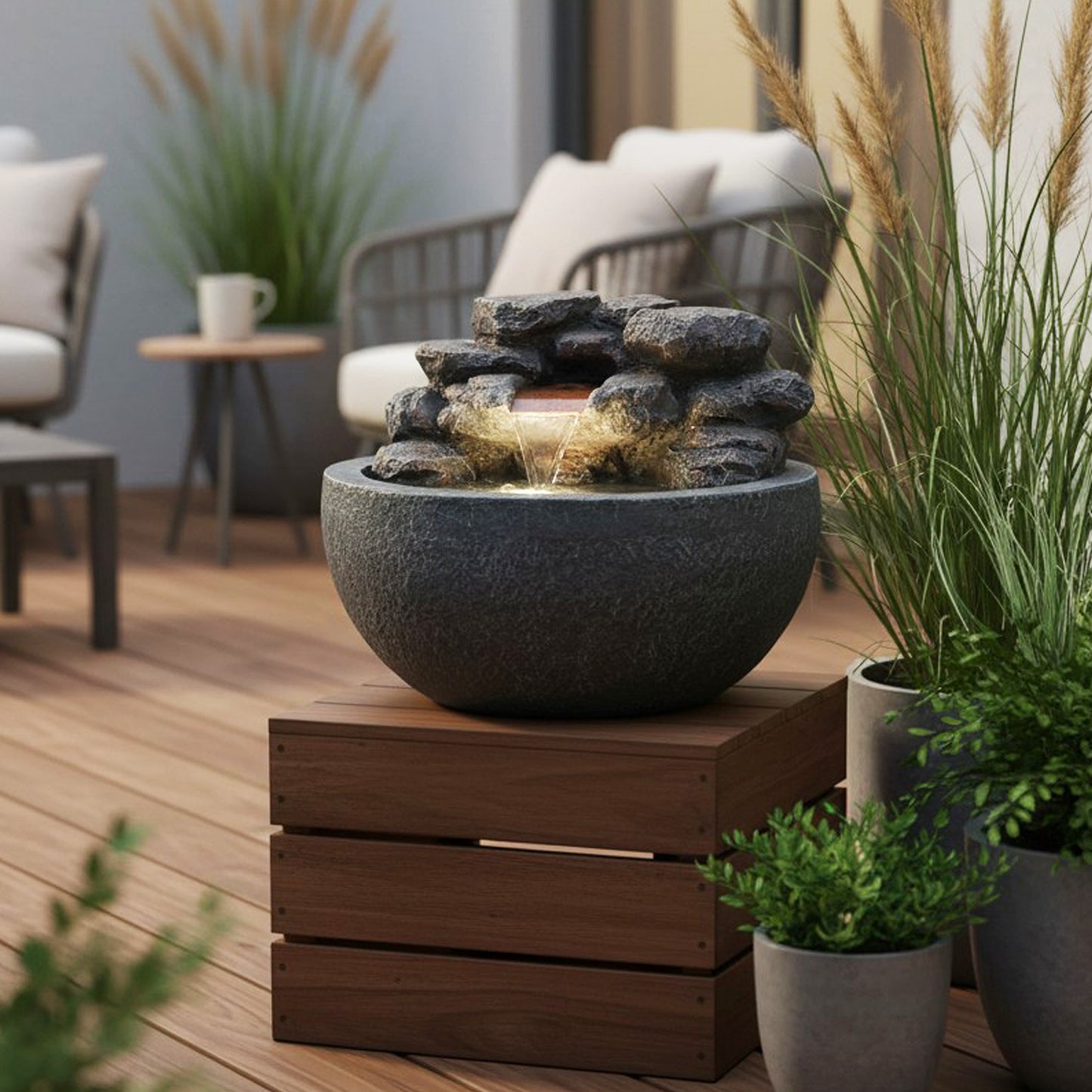 Runder Gartenbrunnen & Zimmerbrunnen TP3004 Ø42 cm – Kompakter Wasserfallbrunnen in Steinoptik mit warmweißer LED