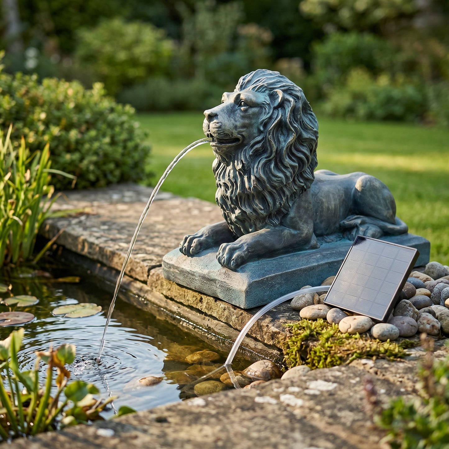 Löwe Solar Brunnen Wasserspeier solarbetrieben – Teichfigur mit Solarpumpe & Wasserspiel – Gartendeko aus Polyresin in Bronze-Optik 29×20x36,5 cm Solarteichfigur für Gartenteich & Wasserlauf