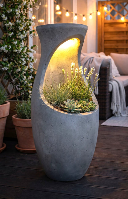 Design Pflanzkübel mit Solar LED Beleuchtung WIN 32 – 61 cm Blumentopf in Betonoptik, großer Blumentopf für Garten & Terrasse, wetterfest, beleuchtet