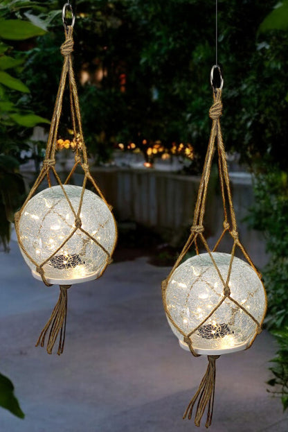 Solar Hängelampe & Tischlampe Leuchtkugel 2er Set Solarlampe 15 cm Boho-Stil mit hochwertigem Glas mit Jute Netz Gartendeko warmweiß