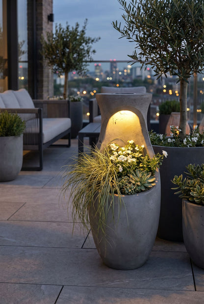 Design Pflanzkübel mit Solar LED Beleuchtung WIN 32 – 61 cm Blumentopf in Betonoptik, großer Blumentopf für Garten & Terrasse, wetterfest, beleuchtet