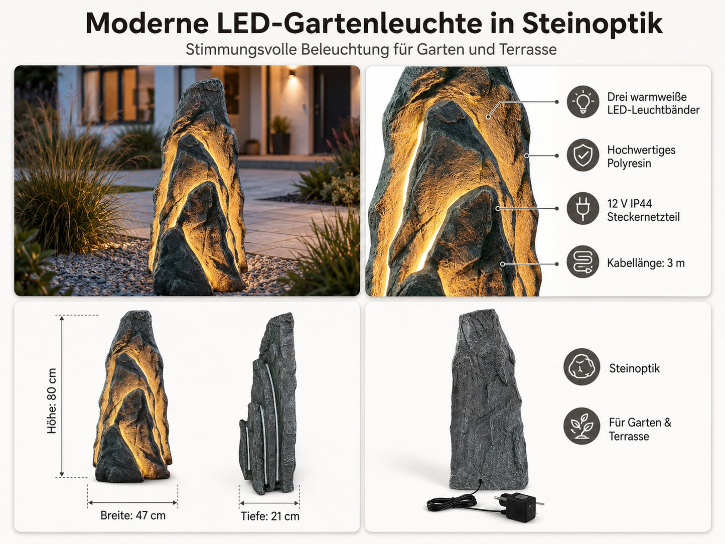 Großer LED Leuchtfelsen Garten 80 cm, beleuchtete Felsdeko mit warmweißen LED-Stripes, realistische Steinoptik aus Polyresin, 12V IP44 Netzteil, 3 m Kabel, Outdoor Gartenbeleuchtung für Terrasse & Eingangsbereich