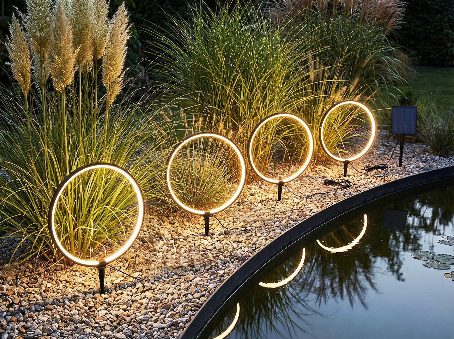 Solar Gartenleuchten LED Solar Gartenstecker modern, Solarleuchte Garten Leuchtringe Design warmweiß, Aluminium