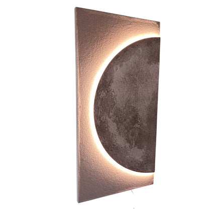 LED Wandbild 100 x 50 cm mit indirekter Beleuchtung, Mond Wanddekoration mit Sandsteinstruktur, dimmbar per Fernbedienung, USB, moderne Wanddeko Wohnzimmer Schlafzimmer