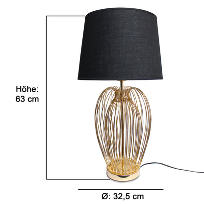 Arnusa Tischleuchte TLC013 Gold Schwarz – 63 cm Design Tischlampe mit Metallfuß in Drahtoptik & Stoffschirm – E27 Fassung, 32,5 cm Ø – Nachttischlampe Wohnzimmer Schlafzimme