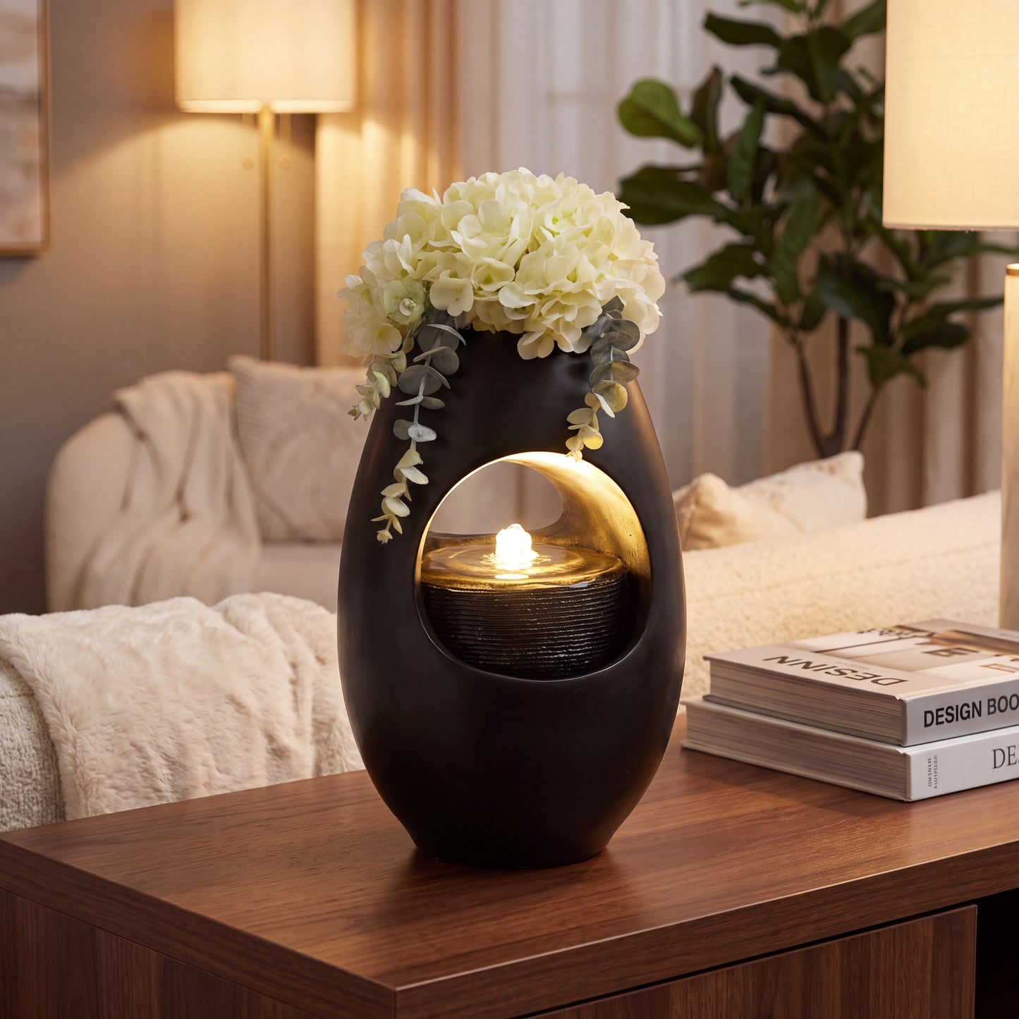Zimmerbrunnen Blumenvase schwarz BK913 mit LED Beleuchtung Tischbrunnen Vase modern Brunnen Wasserspiel 40 cm
