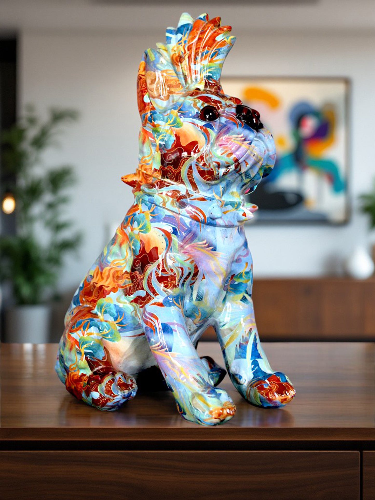 Bunte Bulldogge Dekofigur im Pop Art Design Moderne Hundeskulptur 32 cm Hoch