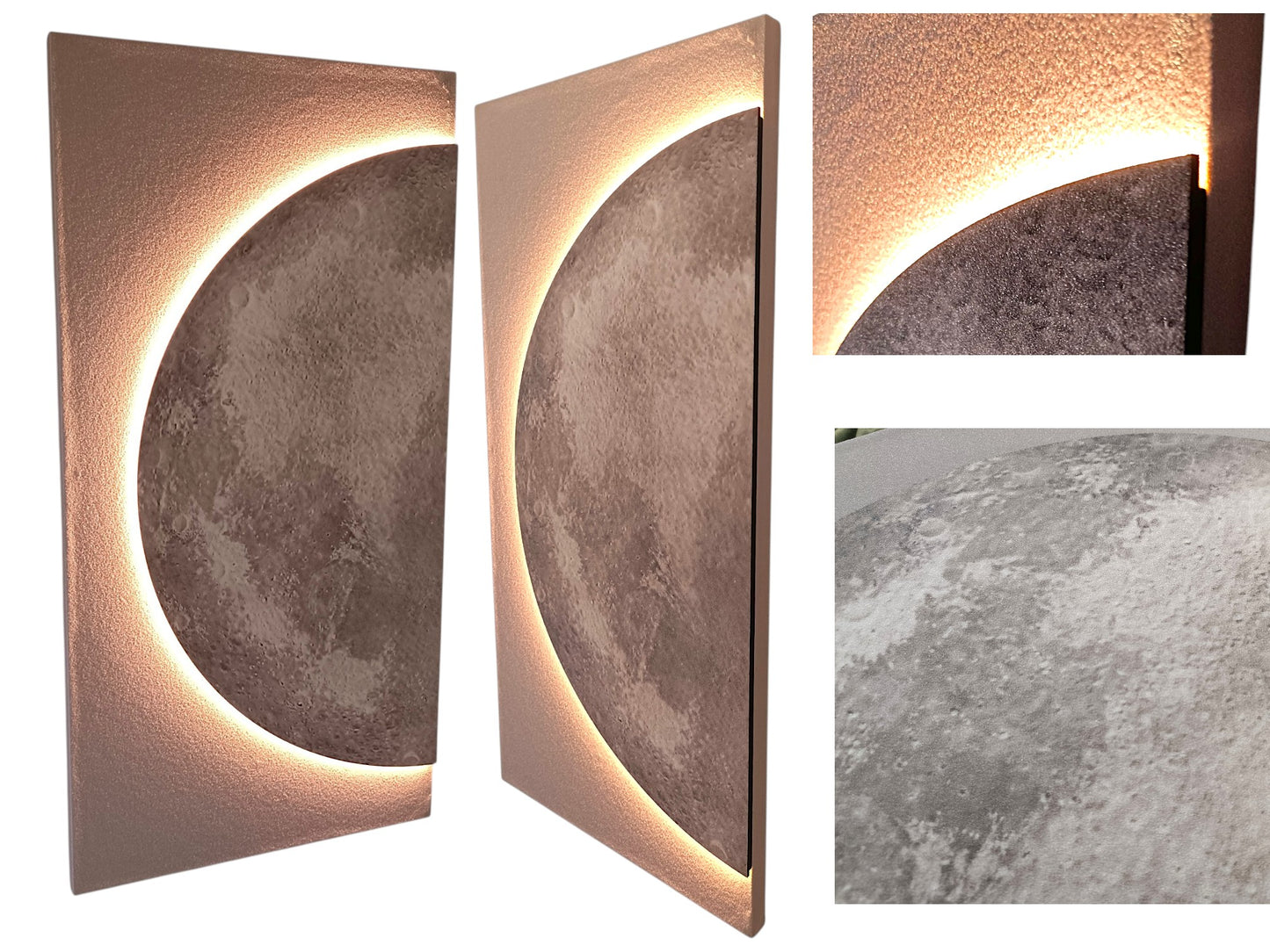 LED Wandbild 100 x 50 cm mit indirekter Beleuchtung, Mond Wanddekoration mit Sandsteinstruktur, dimmbar per Fernbedienung, USB, moderne Wanddeko Wohnzimmer Schlafzimmer