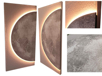 LED Wandbild 100 x 50 cm mit indirekter Beleuchtung, Mond Wanddekoration mit Sandsteinstruktur, dimmbar per Fernbedienung, USB, moderne Wanddeko Wohnzimmer Schlafzimmer