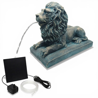 Löwe Solar Brunnen Wasserspeier solarbetrieben – Teichfigur mit Solarpumpe & Wasserspiel – Gartendeko aus Polyresin in Bronze-Optik 29×20x36,5 cm Solarteichfigur für Gartenteich & Wasserlauf