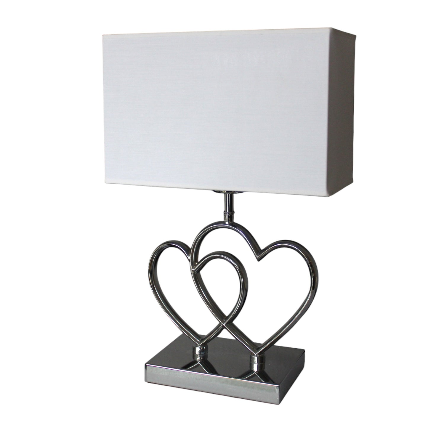 Arnusa Tischleuchte TLC014 mit Doppel Herz Metallfuß in Chromoptik & weißem Stoffschirm – 43 cm Tischlampe mit E27 Fassung, rechteckig, Nachttischlampe Wohnzimmer Schlafzimmer