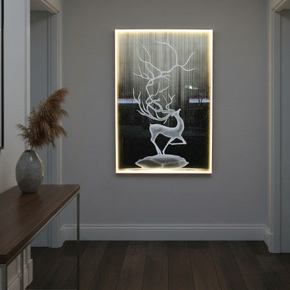 LED Wandbild Hirsch Glas mit Beleuchtung – Modernes Lichtbild mit warmweißer LED, Fernbedienung, USB, 70×100 cm WD008