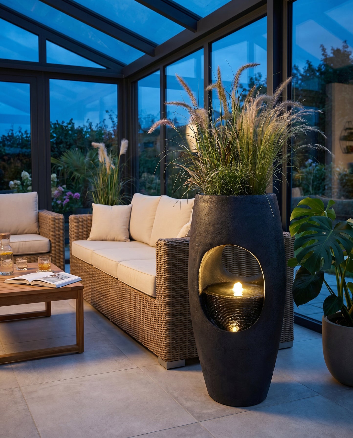 Großer Gartenbrunnen 91 cm bepflanzbar, Indoor & Outdoor Brunnen aus Polyresin, moderner Zimmerbrunnen mit LED-Beleuchtung, Pflanzkübel Springbrunnen für Terrasse Garten Balkon
