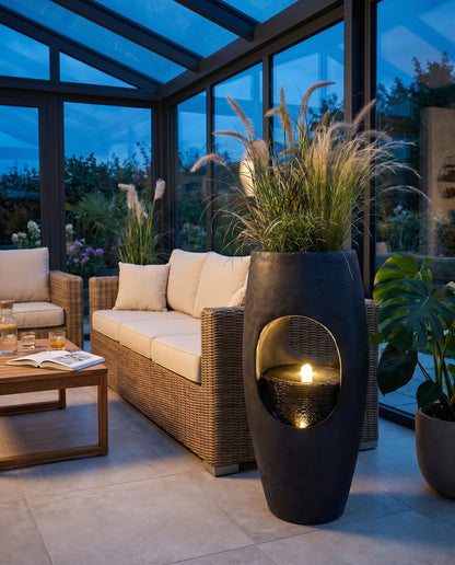 Großer Gartenbrunnen 91 cm bepflanzbar, Indoor & Outdoor Brunnen aus Polyresin, moderner Zimmerbrunnen mit LED-Beleuchtung, Pflanzkübel Springbrunnen für Terrasse Garten Balkon