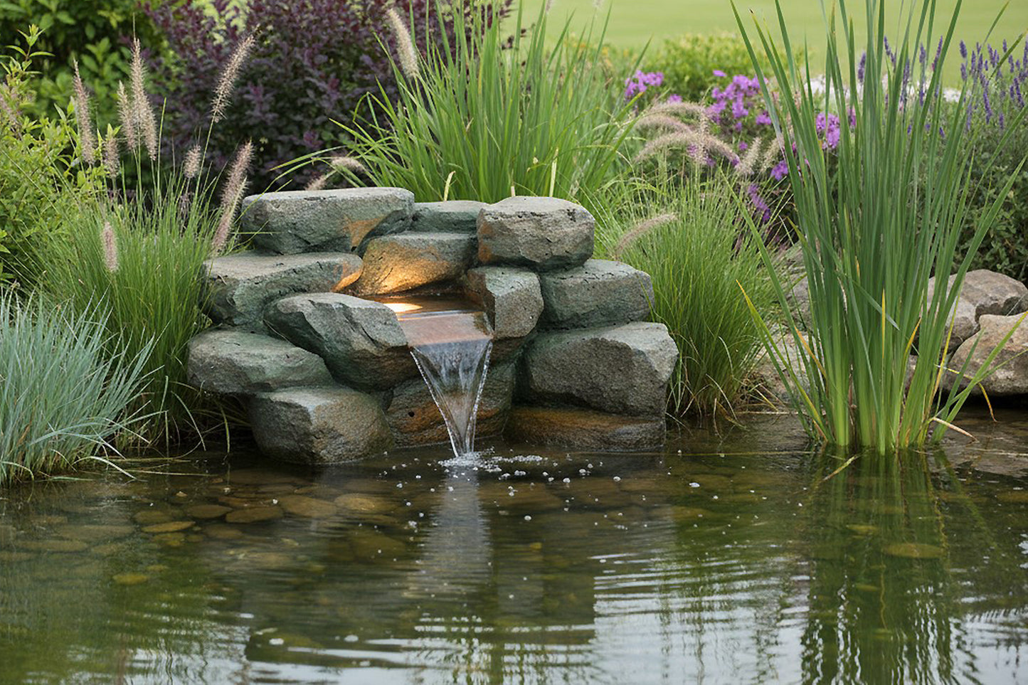Kunstfelsen Wasserfall mit LED für Teich – Komplett Set inkl. 5W Pumpe & Schlauch Teichdeko in Steinoptik Wasserspiel für Gartenteich