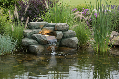 Kunstfelsen Wasserfall mit LED für Teich – Komplett Set inkl. 5W Pumpe & Schlauch Teichdeko in Steinoptik Wasserspiel für Gartenteich