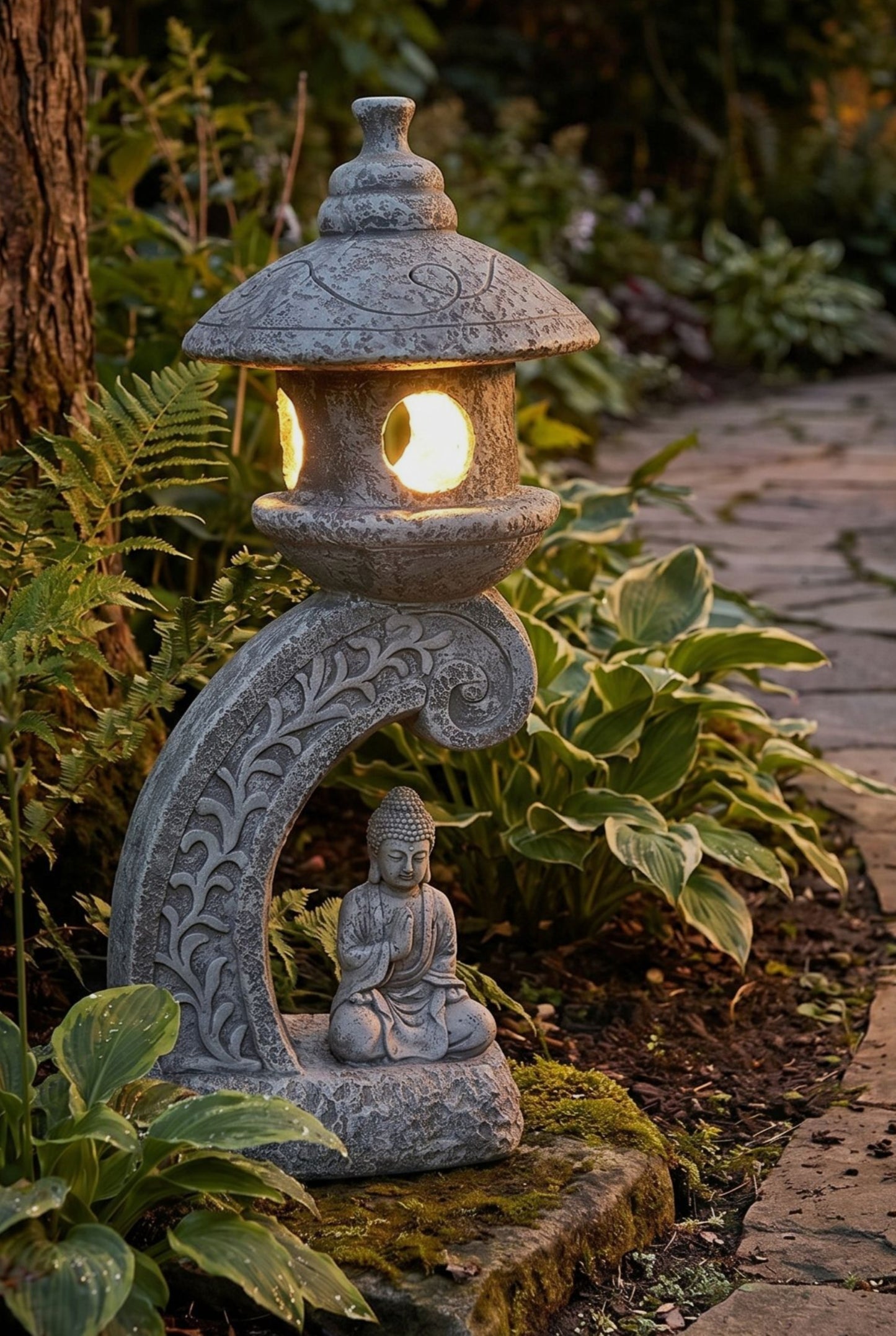 Solar Gartenleuchte Pagode 60 cm – LED Gartenlampe in Steinoptik mit Buddha – warmweiß – Solar Laterne für Garten, Terrasse & Teich