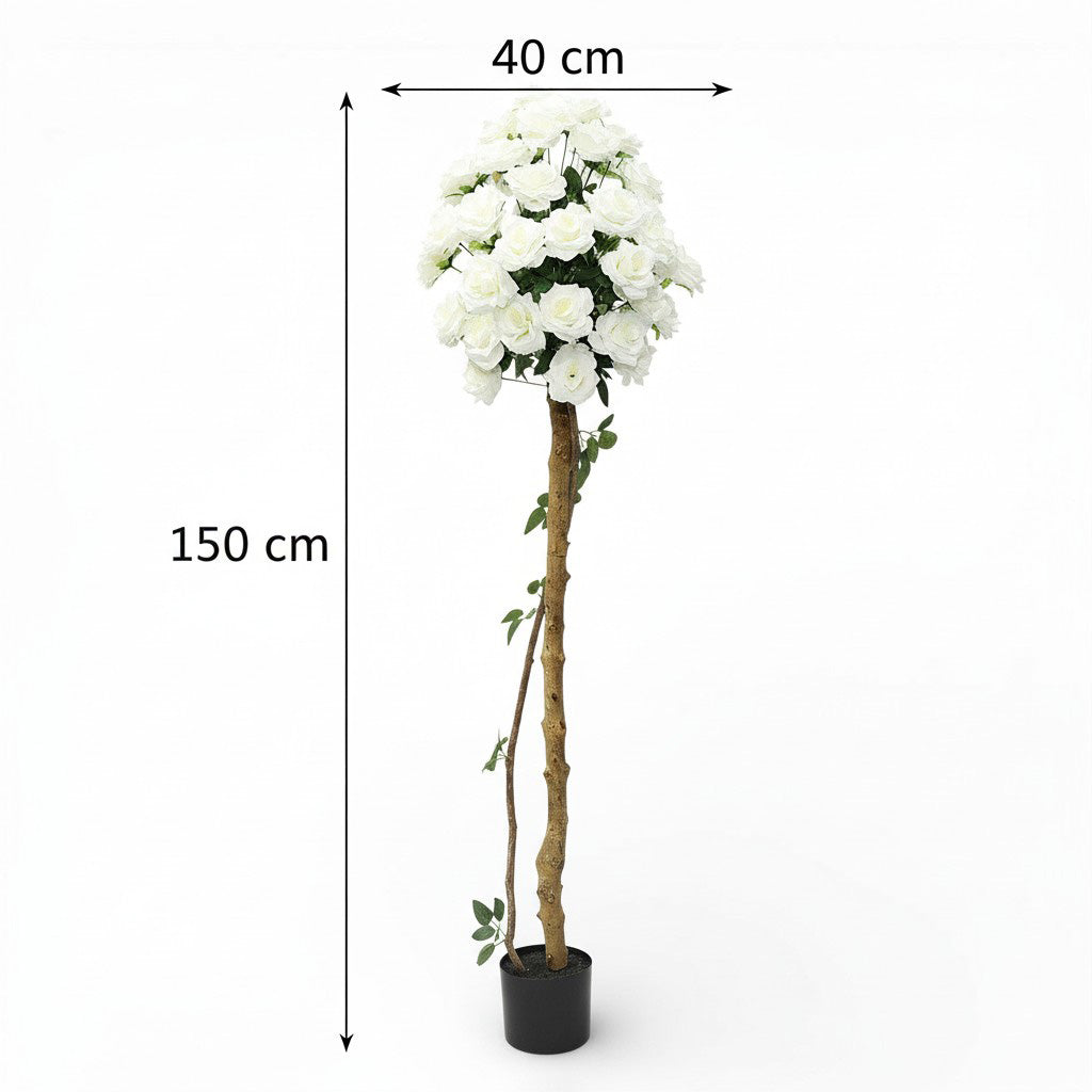 Künstliche Stockrose weiß – Kunstpflanze mit Echtholzstamm – 120 cm / 150 cm – realistische Rosen Deko für Wohnzimmer, Hochzeit, Event & Location