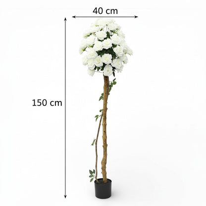 Künstliche Stockrose weiß – Kunstpflanze mit Echtholzstamm – 120 cm / 150 cm – realistische Rosen Deko für Wohnzimmer, Hochzeit, Event & Location