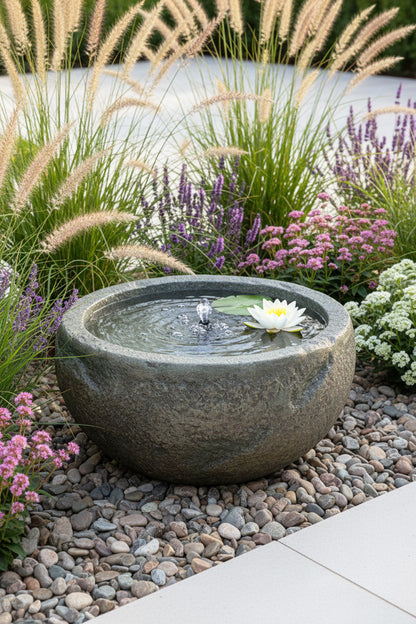 kleiner Teich rund 50 cm in Steinoptik aus Polyresin – Miniteich & kleiner Dekoteich für Garten und Terrasse Wasserschale, Wasserbecken, Vogeltränke für Solarbrunnen oder Wasserspiele