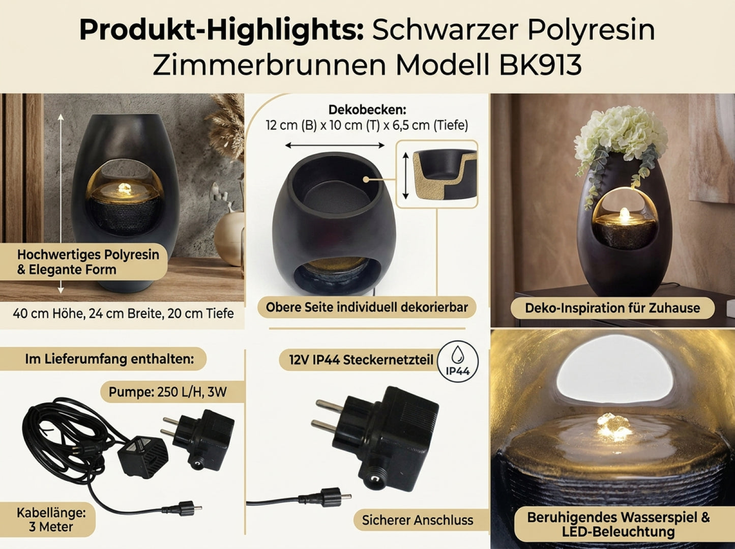Zimmerbrunnen Blumenvase schwarz BK913 mit LED Beleuchtung Tischbrunnen Vase modern Brunnen Wasserspiel 40 cm