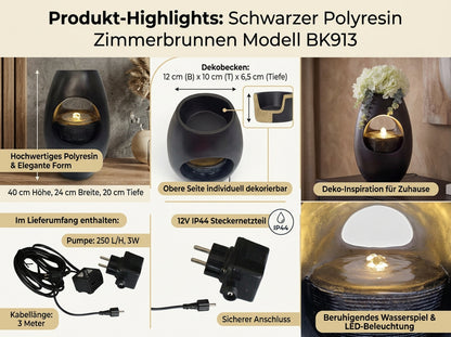 Zimmerbrunnen Blumenvase schwarz BK913 mit LED Beleuchtung Tischbrunnen Vase modern Brunnen Wasserspiel 40 cm