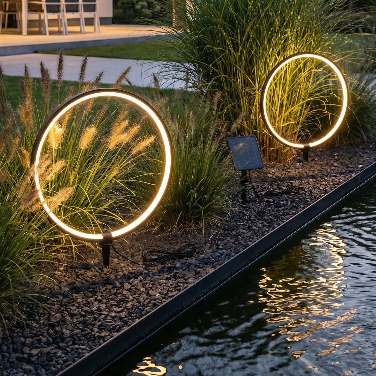 Solar Gartenleuchten LED Solar Gartenstecker modern, Solarleuchte Garten Leuchtringe Design warmweiß, Aluminium