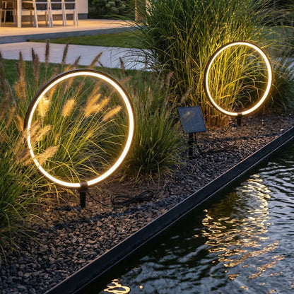 Solar Gartenleuchten LED Solar Gartenstecker modern, Solarleuchte Garten Leuchtringe Design warmweiß, Aluminium