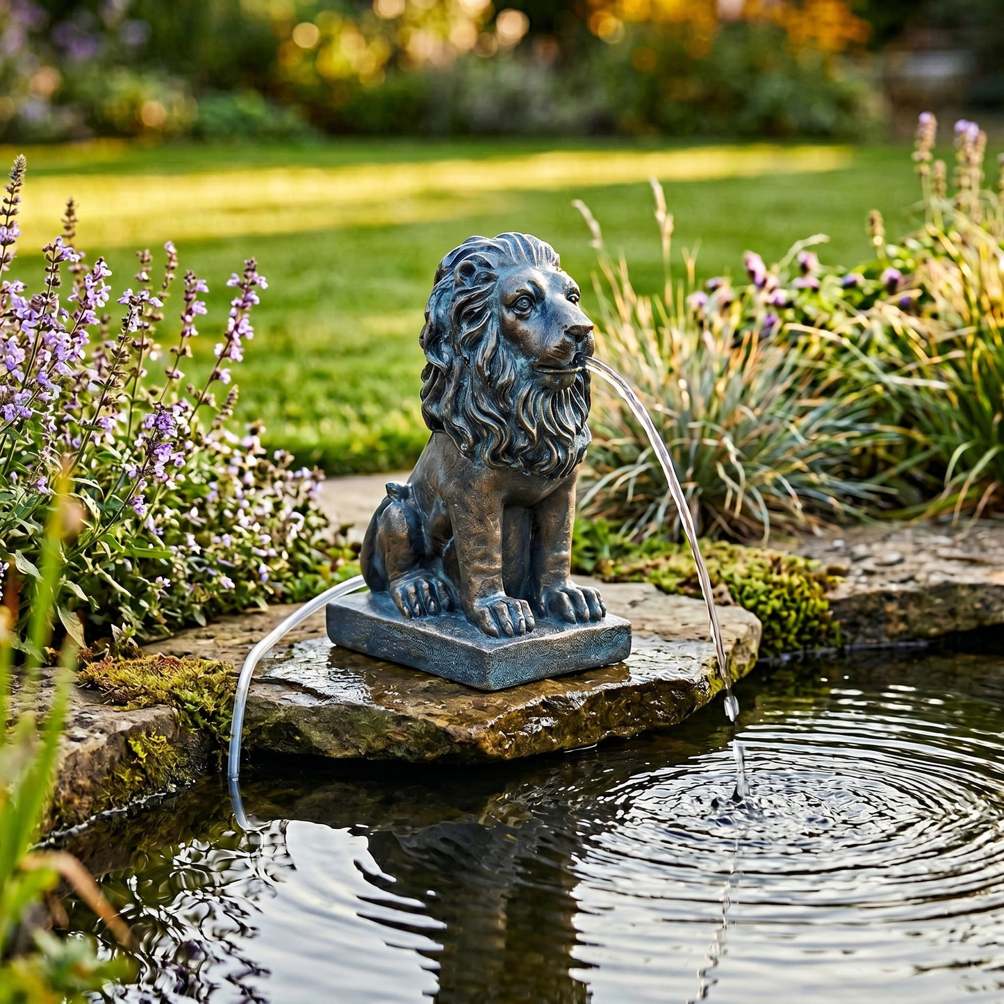 Löwe Solar Brunnen Wasserspeier solarbetrieben – Teichfigur mit Solarpumpe & Wasserspiel – Gartendeko aus Polyresin in Bronze-Optik 21×13x10 cm Solarteichfigur für Gartenteich & Wasserlauf