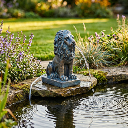 Löwe Solar Brunnen Wasserspeier solarbetrieben – Teichfigur mit Solarpumpe & Wasserspiel – Gartendeko aus Polyresin in Bronze-Optik 21×13x10 cm Solarteichfigur für Gartenteich & Wasserlauf