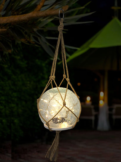 Solar Hängelampe & Tischlampe Leuchtkugel 2er Set Solarlampe 15 cm Boho-Stil mit hochwertigem Glas mit Jute Netz Gartendeko warmweiß