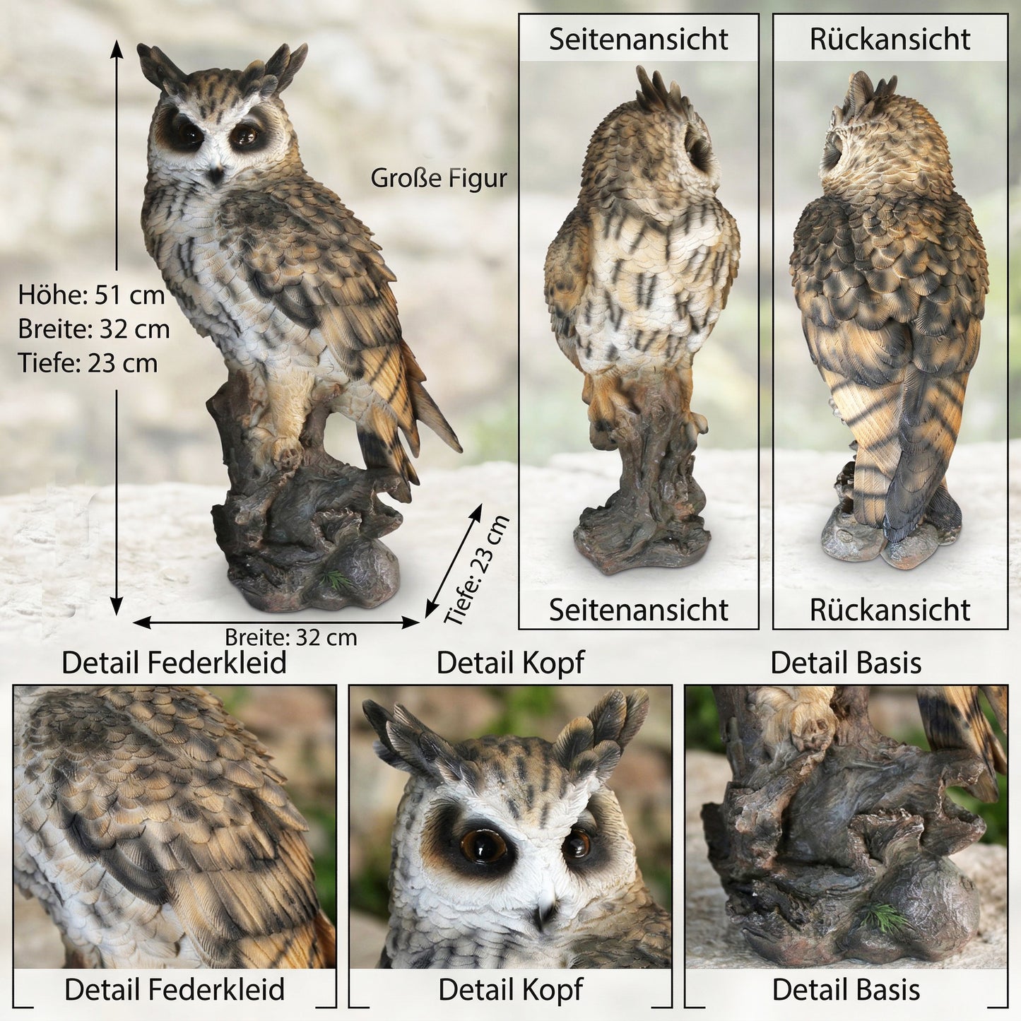 Gartenfigur Eule lebensgroß 51 cm – sehr realistische Eulenfigur aus Polyresin – naturgetreue Dekofigur für Garten, Terrasse & Balkon – wetterfeste Tierfigur Gartendeko