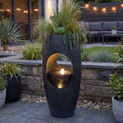 Großer Gartenbrunnen 91 cm bepflanzbar, Indoor & Outdoor Brunnen aus Polyresin, moderner Zimmerbrunnen mit LED-Beleuchtung, Pflanzkübel Springbrunnen für Terrasse Garten Balkon