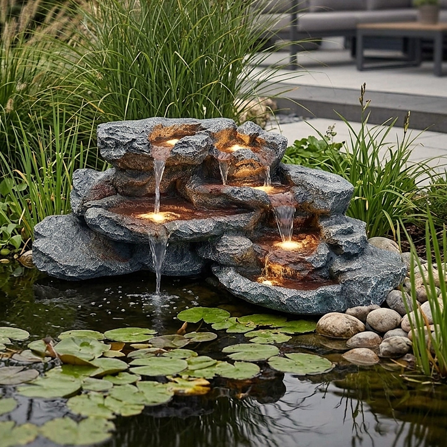 Kunstfelsen Wasserfall für Teich BK-T300 – Brunnen LED Teichdeko Steinoptik