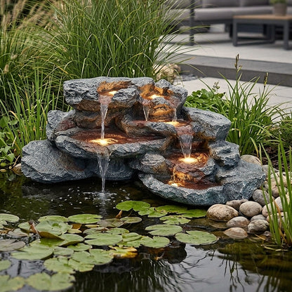 Kunstfelsen Wasserfall für Teich BK-T300 – Brunnen LED Teichdeko Steinoptik