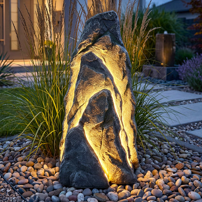 Großer LED Leuchtfelsen Garten 80 cm, beleuchtete Felsdeko mit warmweißen LED-Stripes, realistische Steinoptik aus Polyresin, 12V IP44 Netzteil, 3 m Kabel, Outdoor Gartenbeleuchtung für Terrasse & Eingangsbereich