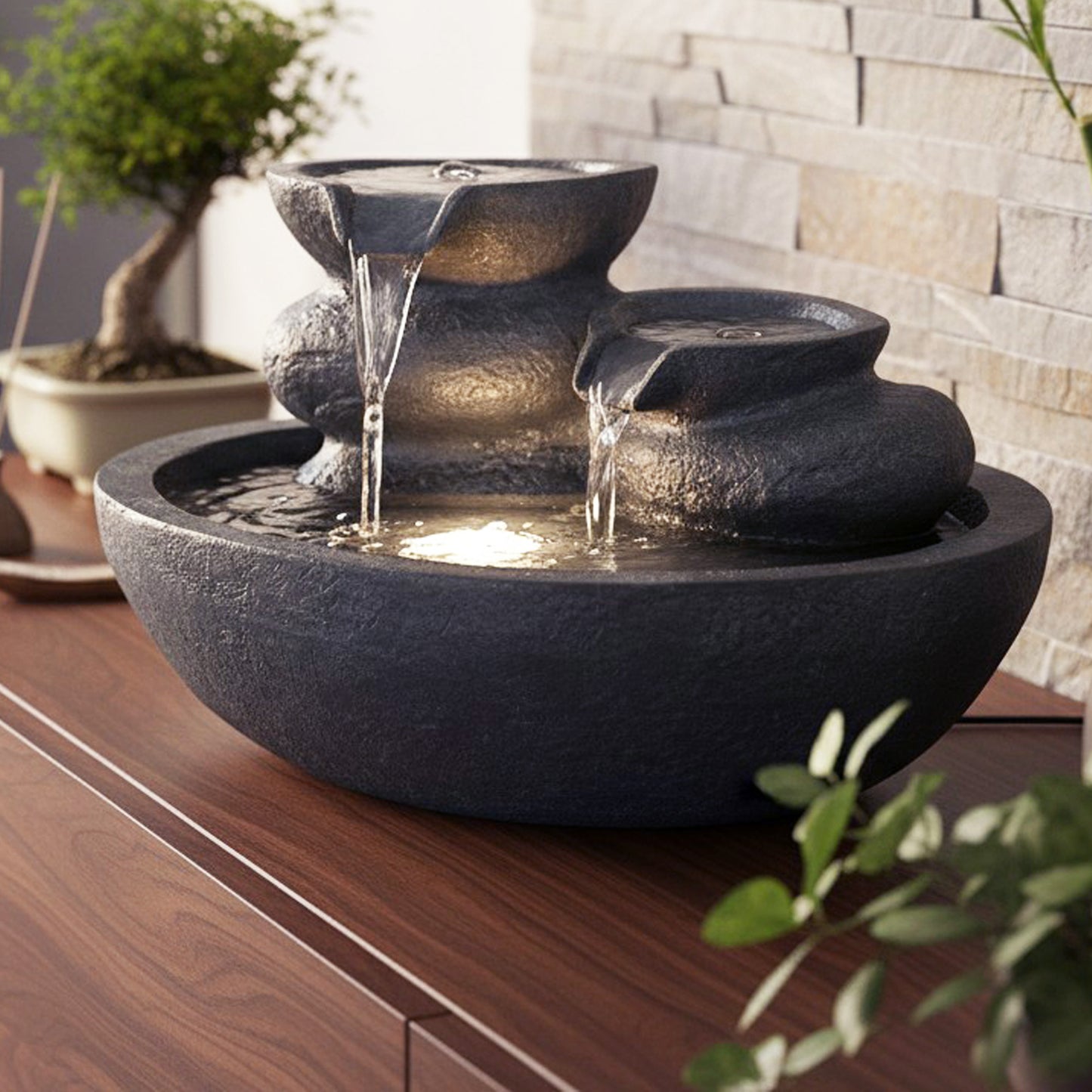 Dekorativer LED Zimmerbrunnen & Gartenbrunnen TP3005 Polyresin Wasserspiel mit warmweißem Licht für Innen & Außen