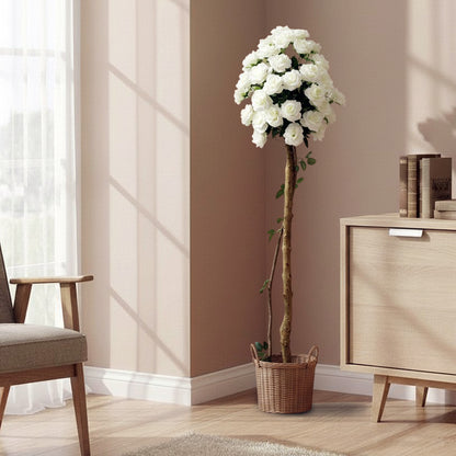 Künstliche Stockrose weiß – Kunstpflanze mit Echtholzstamm – 120 cm / 150 cm – realistische Rosen Deko für Wohnzimmer, Hochzeit, Event & Location