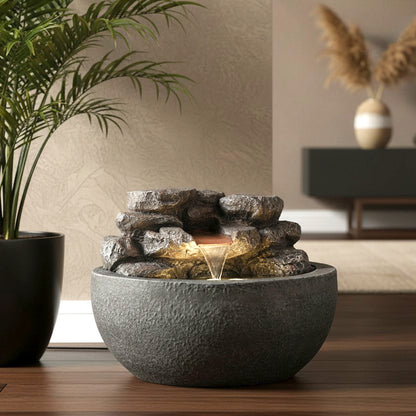 Runder Gartenbrunnen & Zimmerbrunnen TP3004 Ø42 cm – Kompakter Wasserfallbrunnen in Steinoptik mit warmweißer LED