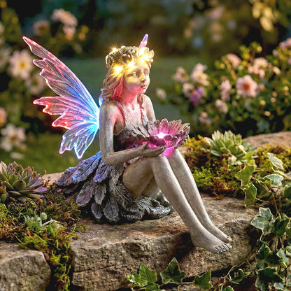 Solar Gartenfigur mit LED Beleuchtung Fee TF403 Dekorative Gartendeko in Betonoptik Wetterfeste Solarleuchte für Garten, Terrasse und Balkon