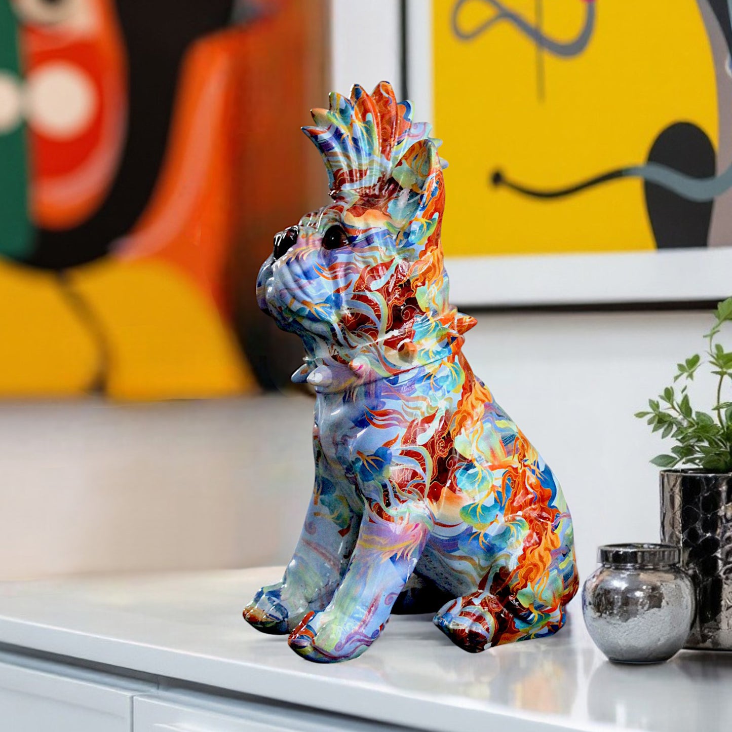 Bunte Bulldogge Dekofigur im Pop Art Design Moderne Hundeskulptur 32 cm Hoch
